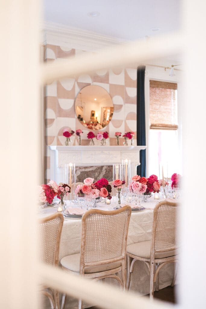 Bold pink and red wedding florals at Swann House styled shoot — photo by Morgan Kay Photo