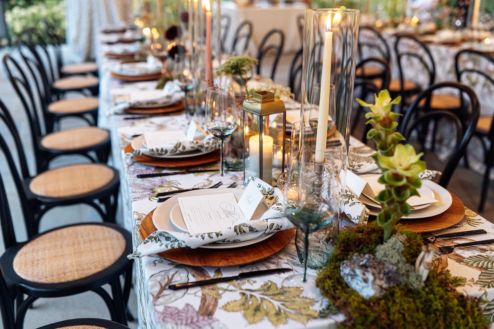 Detailed view of the botanical-inspired tablescape at Clyde’s Willow Creek Farm, showcasing layered place settings, tall candles, and organic floral accents.