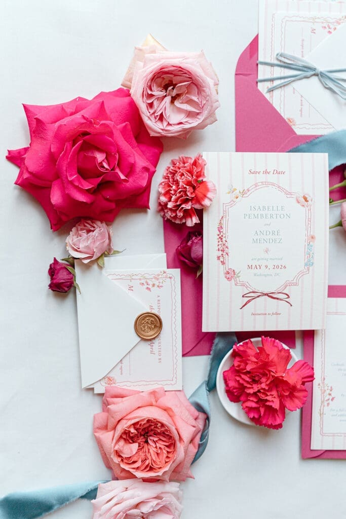 Colorful wedding stationery flat lay with pink florals, blue ribbon, wax seal, and save-the-date card for a Swann House wedding editorial.
